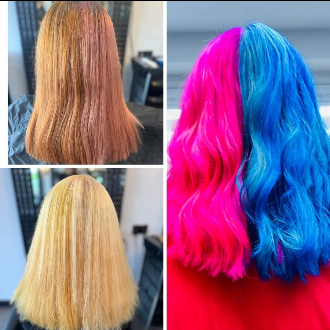 Split-Dye Fashion Colours - Professional hair styling in Barnsley Split-Dye Fashion Colours - Creative hot pink and electric blue split-dye at Stella's Hair & Beauty Salon Barnsley