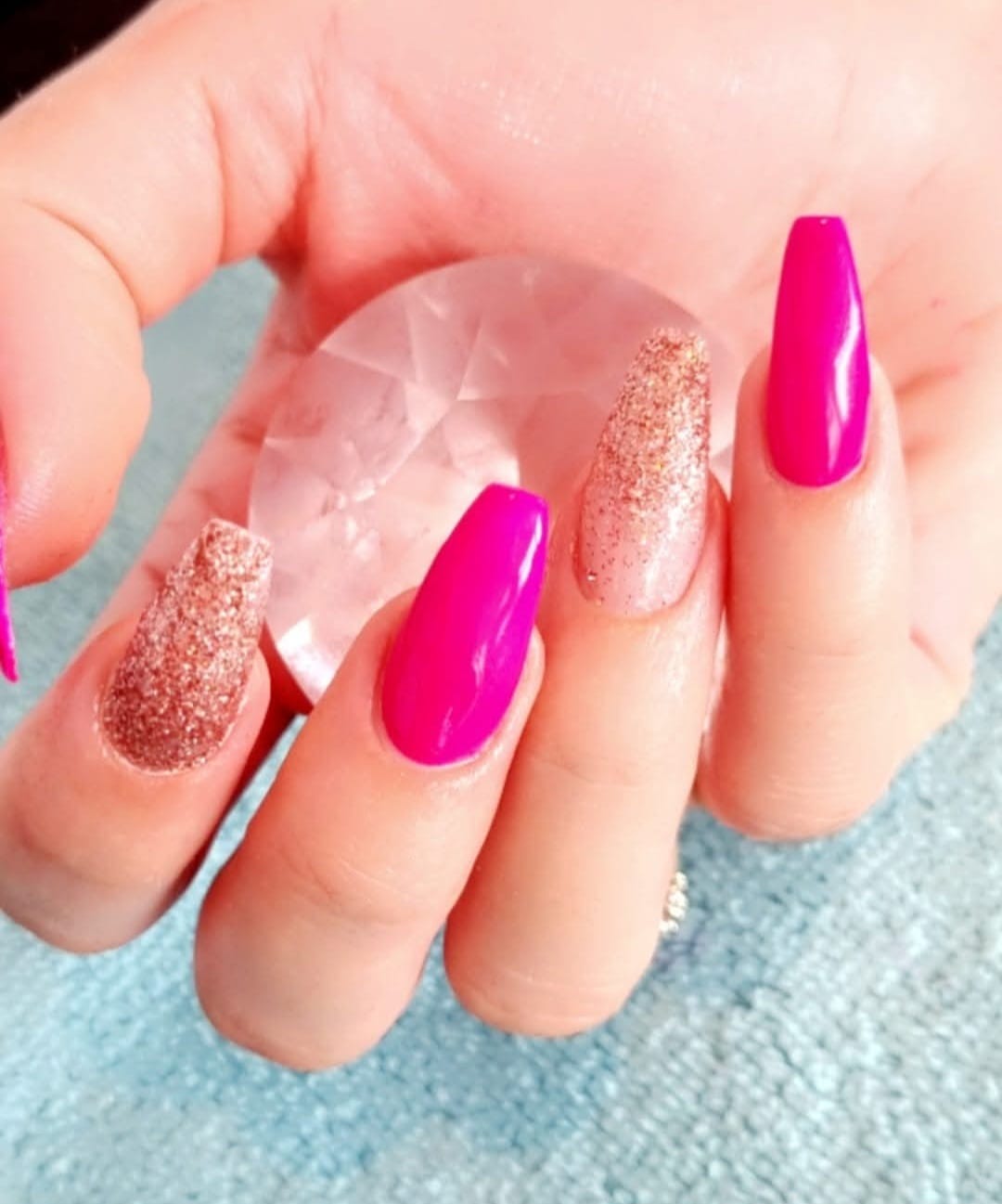 Autumn Mixed Finish Nails - Professional hair styling in Barnsley Autumn Mixed Finish Nails - Seasonal nude, pink and glitter nail combination at Stella's Hair & Beauty Salon Barnsley