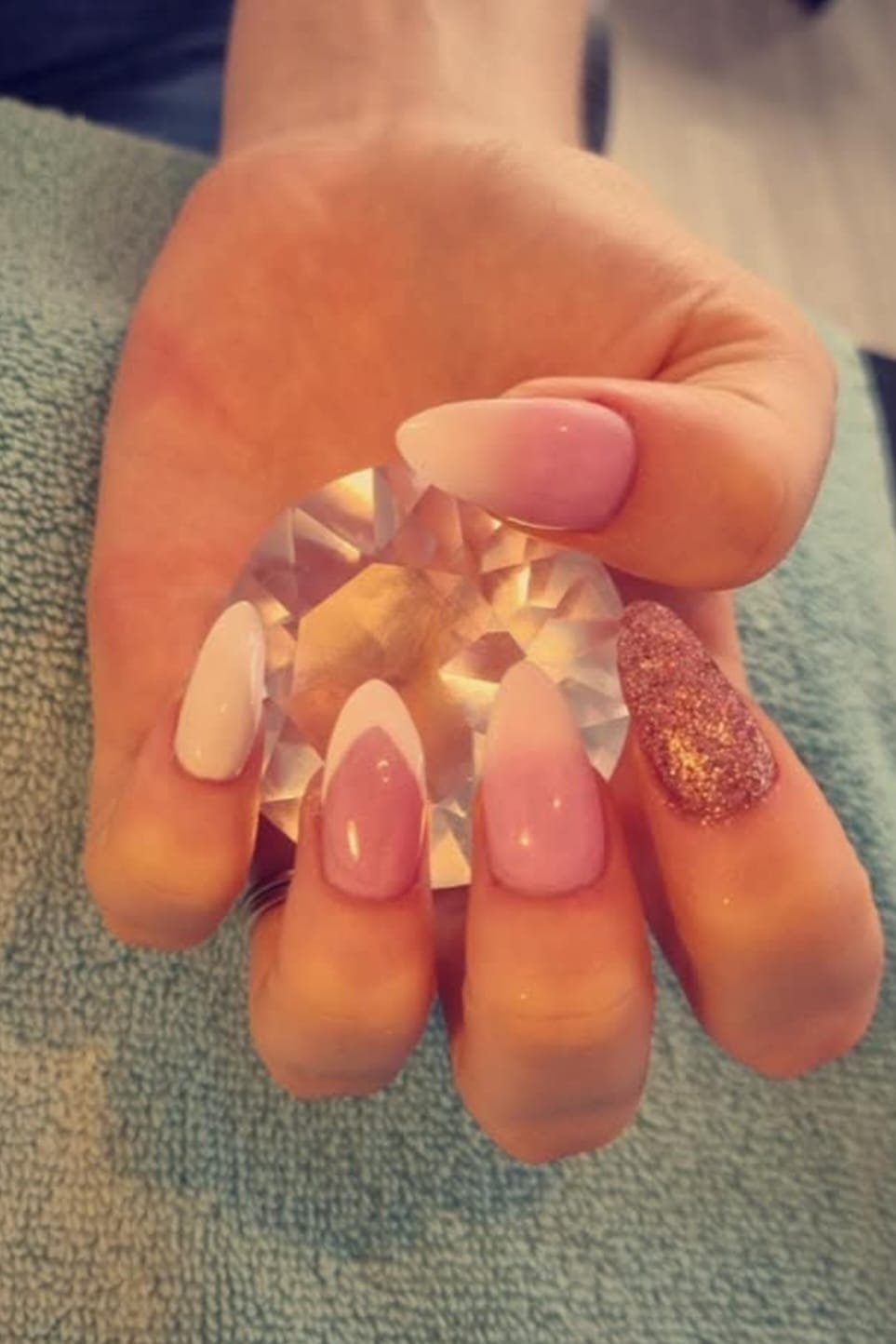 Elegant Mixed Design - Professional hair styling in Barnsley Elegant Mixed Design - Stiletto nails with gold glitter and crystal accents at Stella's Hair & Beauty Salon Barnsley