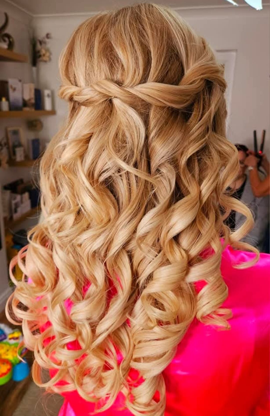 Romantic Half-Up Curls - Professional hair styling in Barnsley Romantic Half-Up Curls - Twisted half-up style with flowing curls at Stella's Hair & Beauty Salon Barnsley