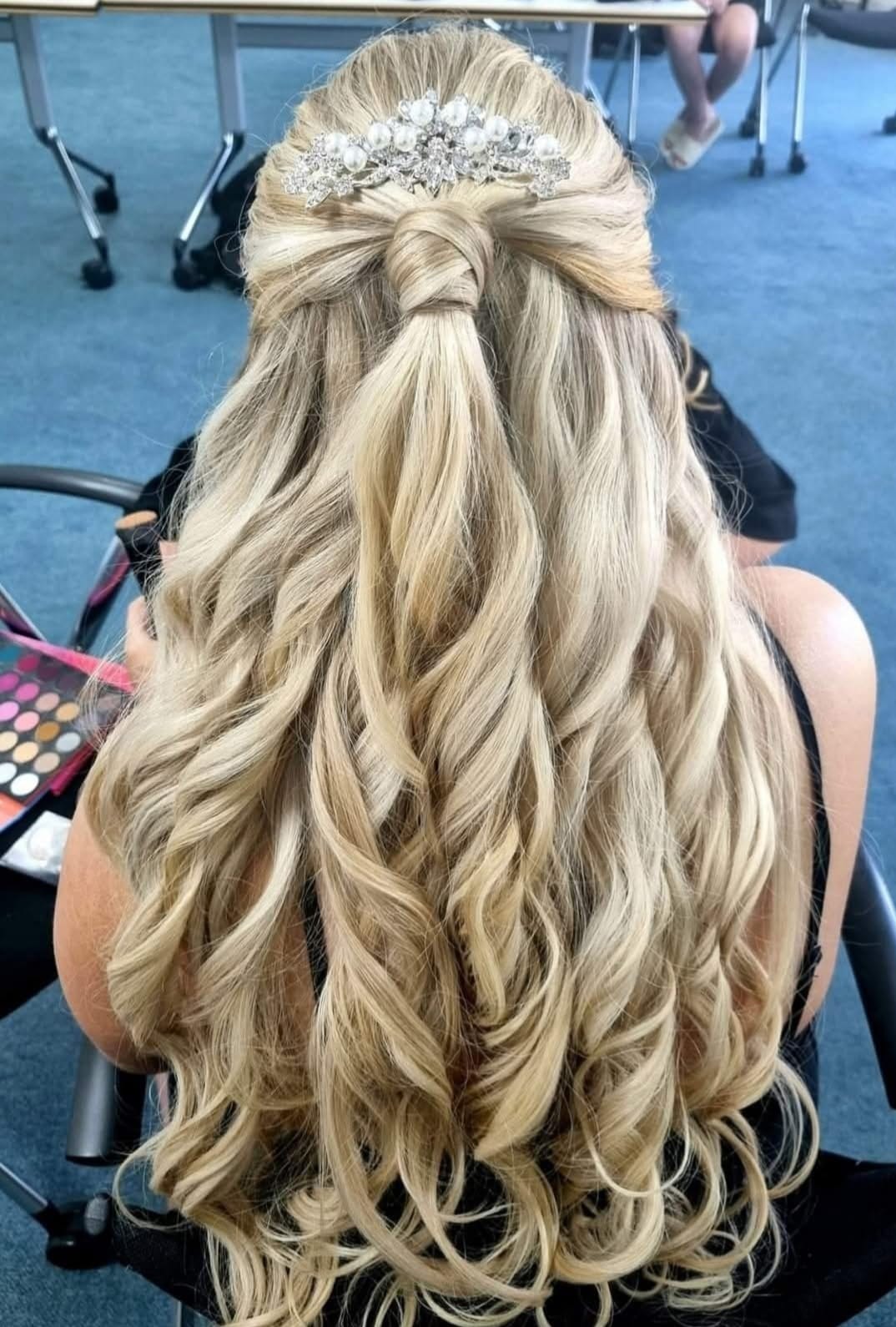 Princess Tiara Style - Professional hair styling in Barnsley Princess Tiara Style - Half-up curls with crystal tiara at Stella's Hair & Beauty Salon Barnsley