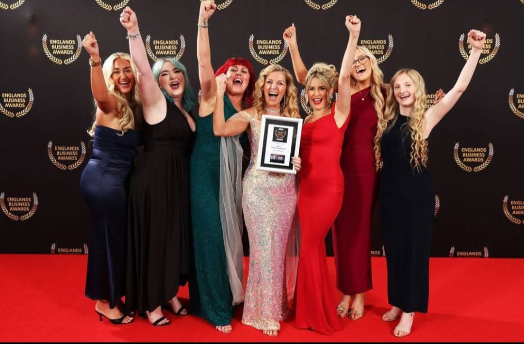 Stella's team celebrating their 2025 England's Business Award win for Best Hair and Beauty Salon in South Yorkshire and England